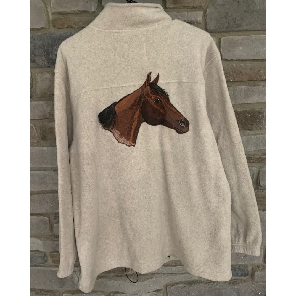Embroidered Horse Fleece Jacket Western Oatmeal Retro Y2K Gorpcore Large